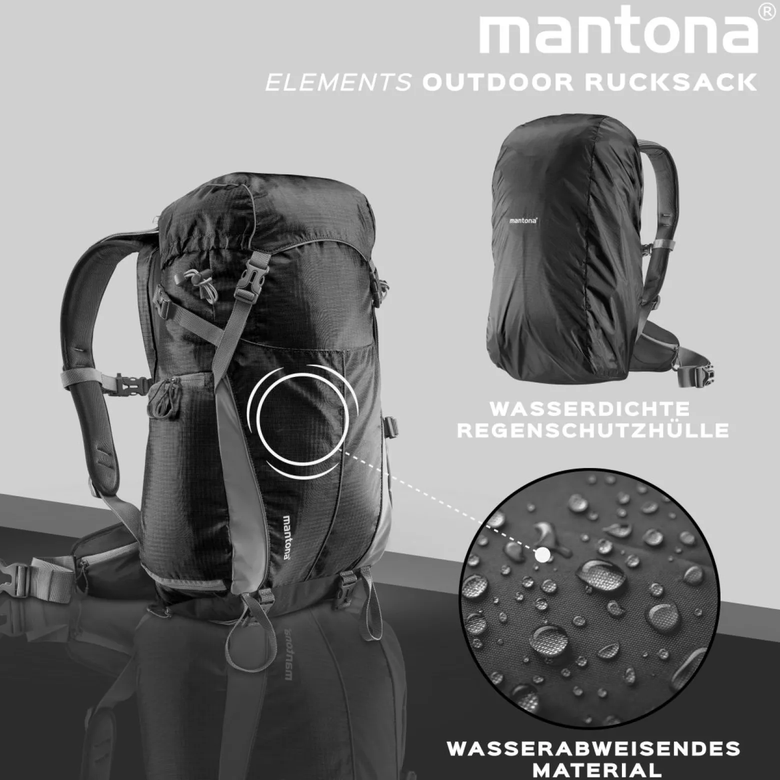 Mantona Elements Outdoor Rucksack schwarz - 2in1 Kamera- & Trekking-Rucksack, Fototasche mit gepolsterten Fächern für DSLR, Systemkamera & Drohne, Stativhalterung, inkl. Regenschutzhülle