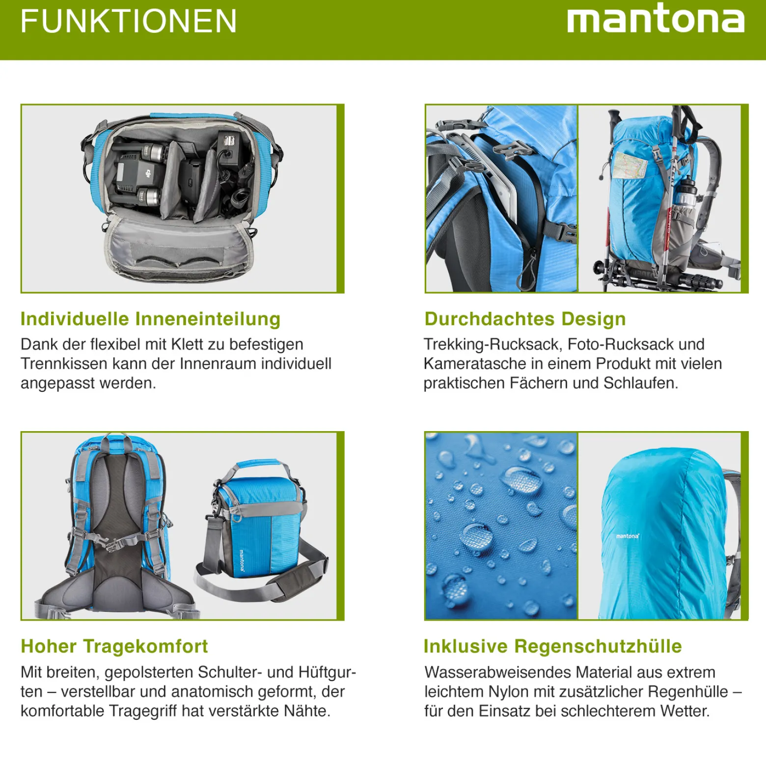 Mantona Elements Outdoor Rucksack blau - 2in1 Kamera- & Trekking-Rucksack, Fototasche mit gepolsterten Fächern für DSLR, Systemkamera & Drohne, Stativhalterung, inkl. Regenschutzhülle