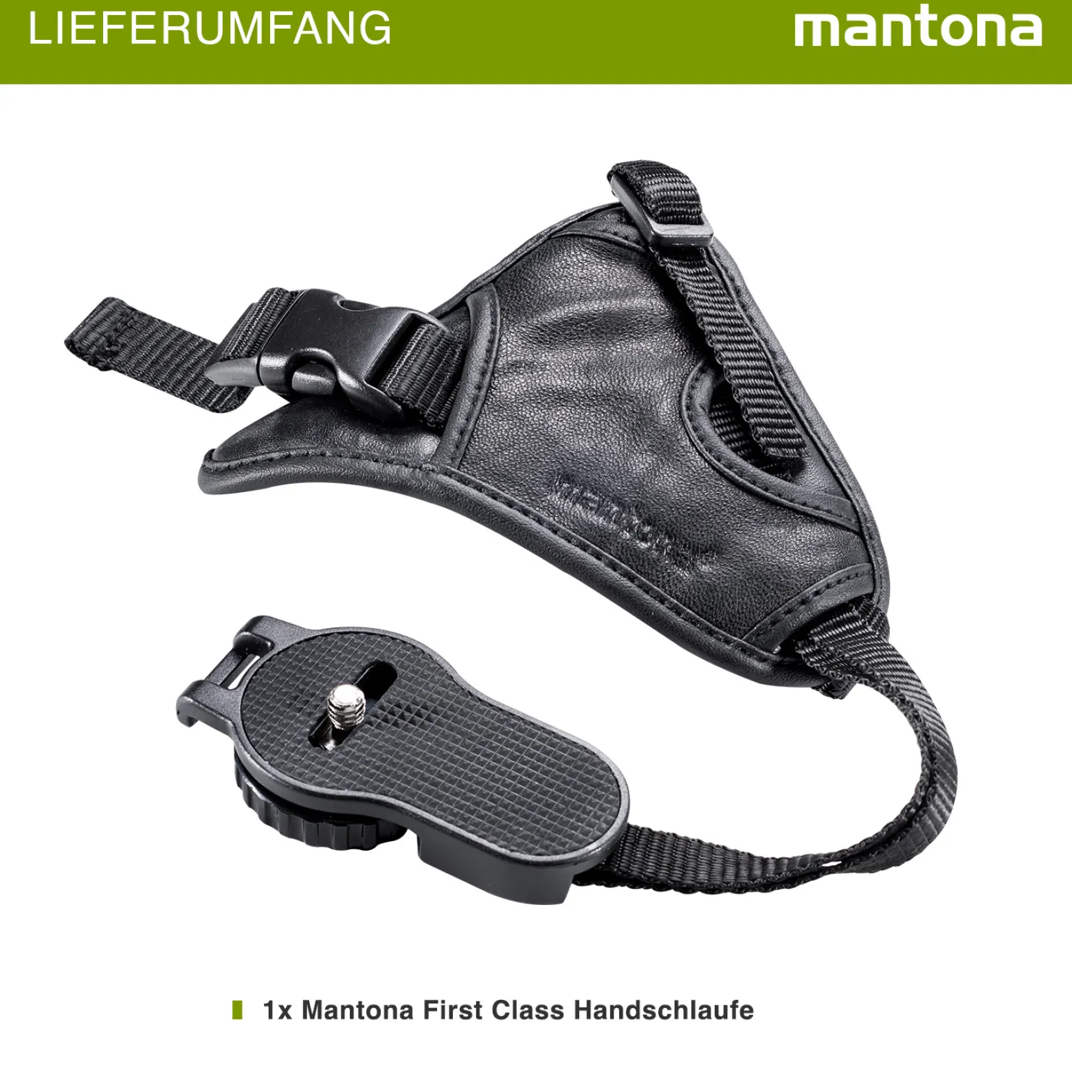 Mantona First Class Leder-Handschlaufe - 100 x 25 x 39 mm - aus weichem Leder - Handgriff mit Klickverschluss und 1/4" Gewinde - Schwarz