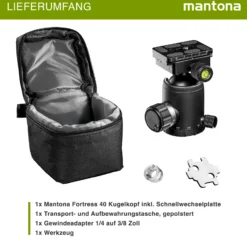 Mantona Fortress Kugelkopf 40 mm bis 15 kg, Stativkopf mit 360° Panorama-Funktion & 3 Wasserwaagen, inkl. Schnellwechselplatte und Friktionswegkontrolle
