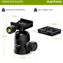 Mantona Fortress Kugelkopf 34 mm bis 10 kg, Stativkopf mit 360° Panorama-Funktion & 3 Wasserwaagen, inkl. Schnellwechselplatte und Friktionswegkontrolle