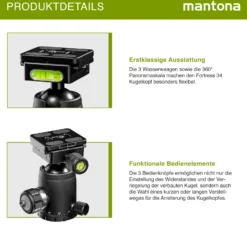 Mantona Fortress Kugelkopf 34 mm bis 10 kg, Stativkopf mit 360° Panorama-Funktion & 3 Wasserwaagen, inkl. Schnellwechselplatte und Friktionswegkontrolle