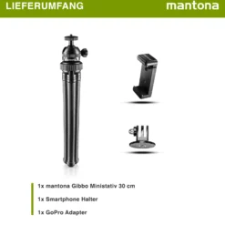 Mantona Gibbo Flex Ministativ 30 cm, Kamera Stativ mit flexiblen Beinen, Dreibein Reisestativ mit 360° Kugelkopf, Smartphonehalterung und Halterung kompatibel mit GoPro