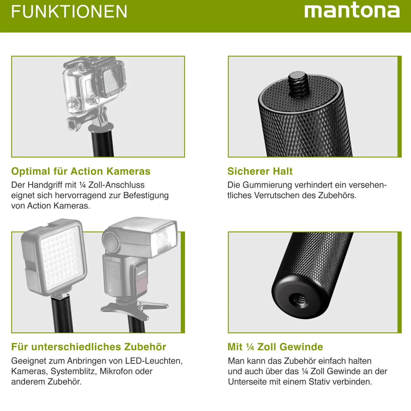 Mantona Griff kompatibel mit GoPro/Smartphone - 70 x 25 x 20 mm - mit 1/4 Zoll Gewinde - Halterung Halter Griff Handgriff für Kamera Handy - Fotozubehör Kamerazubehör
