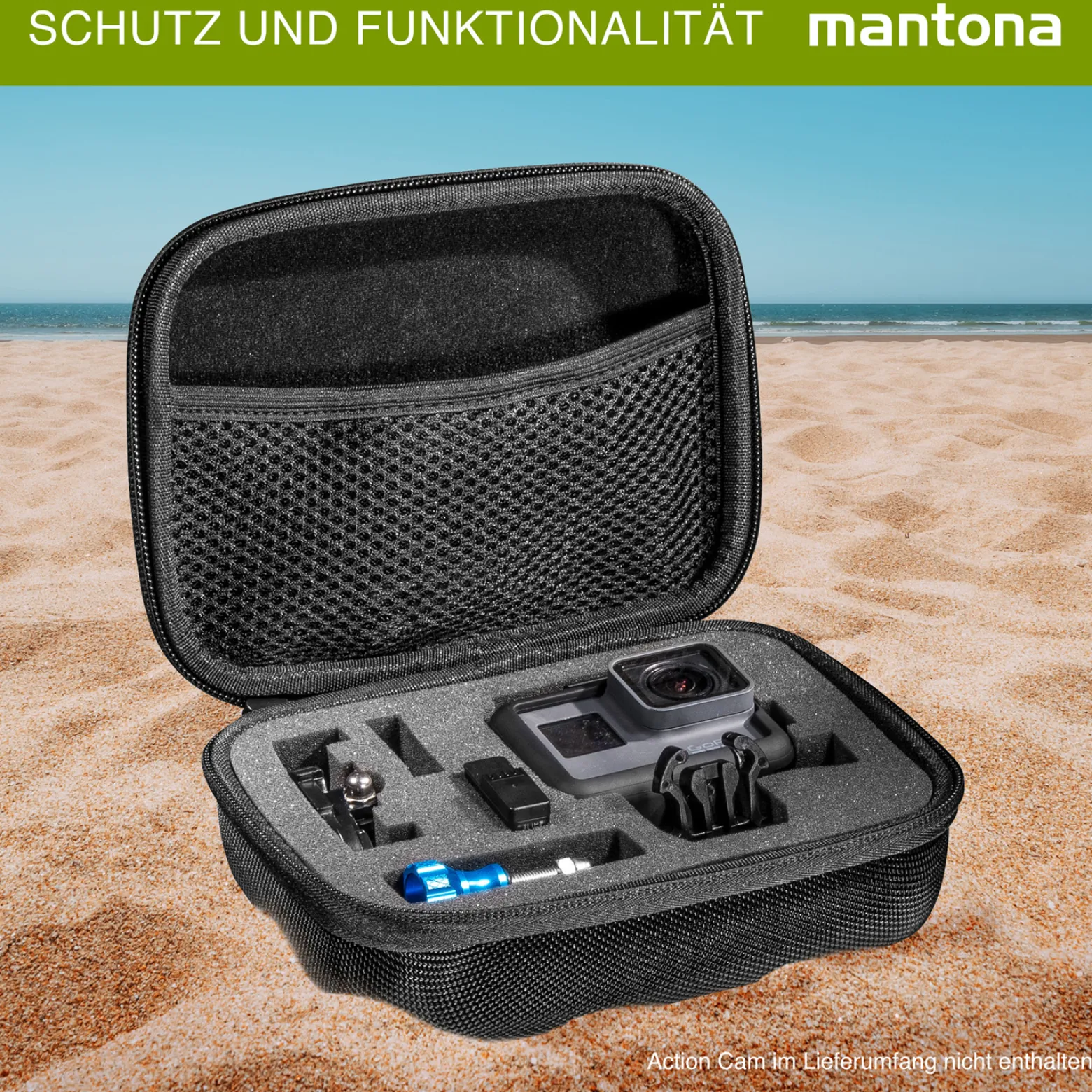 Mantona Hardcase Tasche kompatibel mit GoPro Action Cam 11 10 9 8 7 – robustes Schutzhülle mit Schaumstoff-Inlay, vorgestanzten Fächern & Deckelfach, Größe S