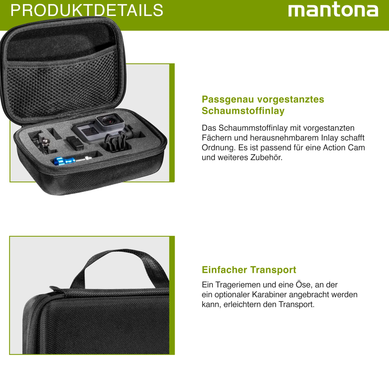 Mantona Hardcase Tasche kompatibel mit GoPro Action Cam 11 10 9 8 7 – robustes Schutzhülle mit Schaumstoff-Inlay, vorgestanzten Fächern & Deckelfach, Größe S