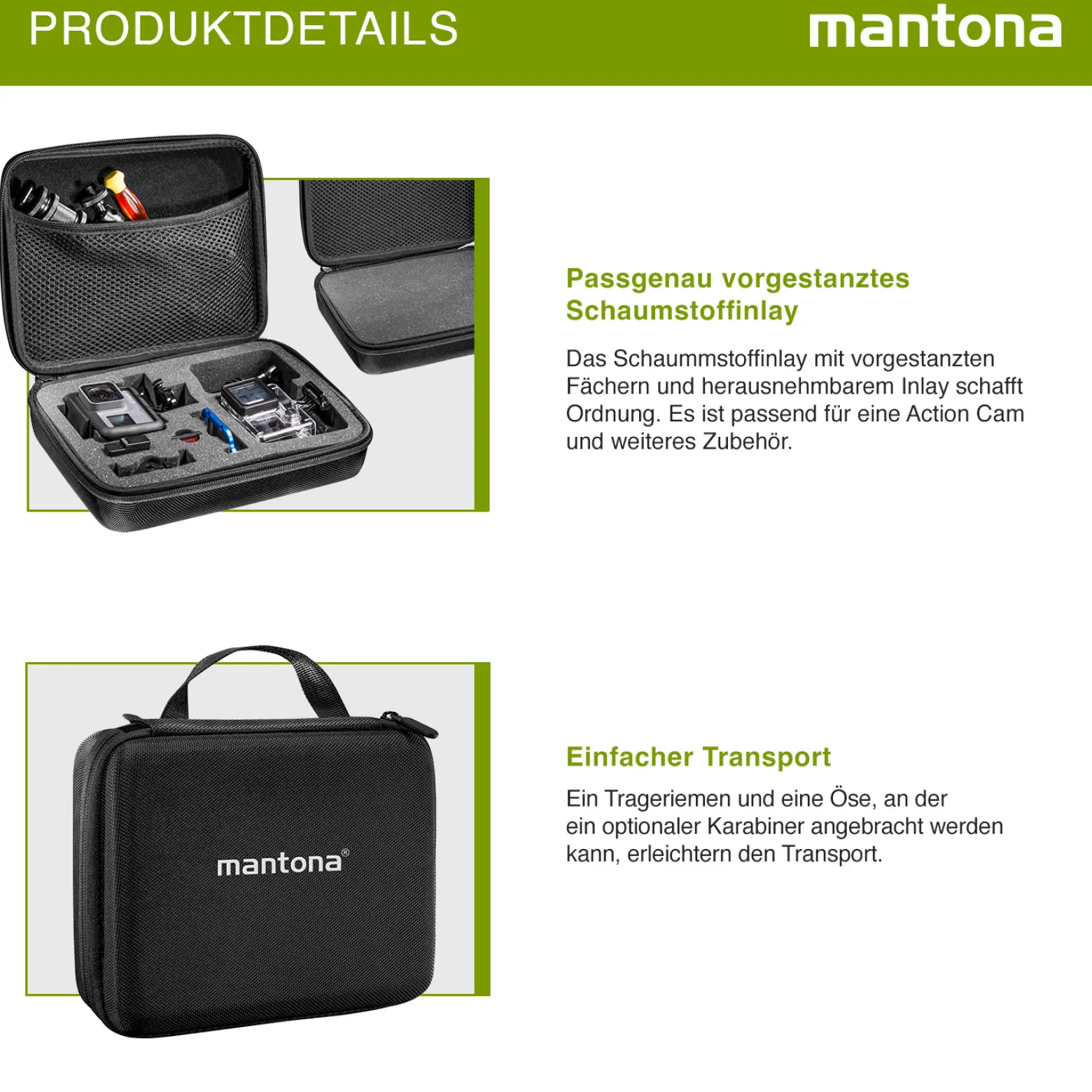 Mantona Hardcase Tasche kompatibel mit GoPro Action Cam 11 10 9 8 7 – robustes Schutzhülle mit Schaumstoff-Inlay, vorgestanzten Fächern & Deckelfach