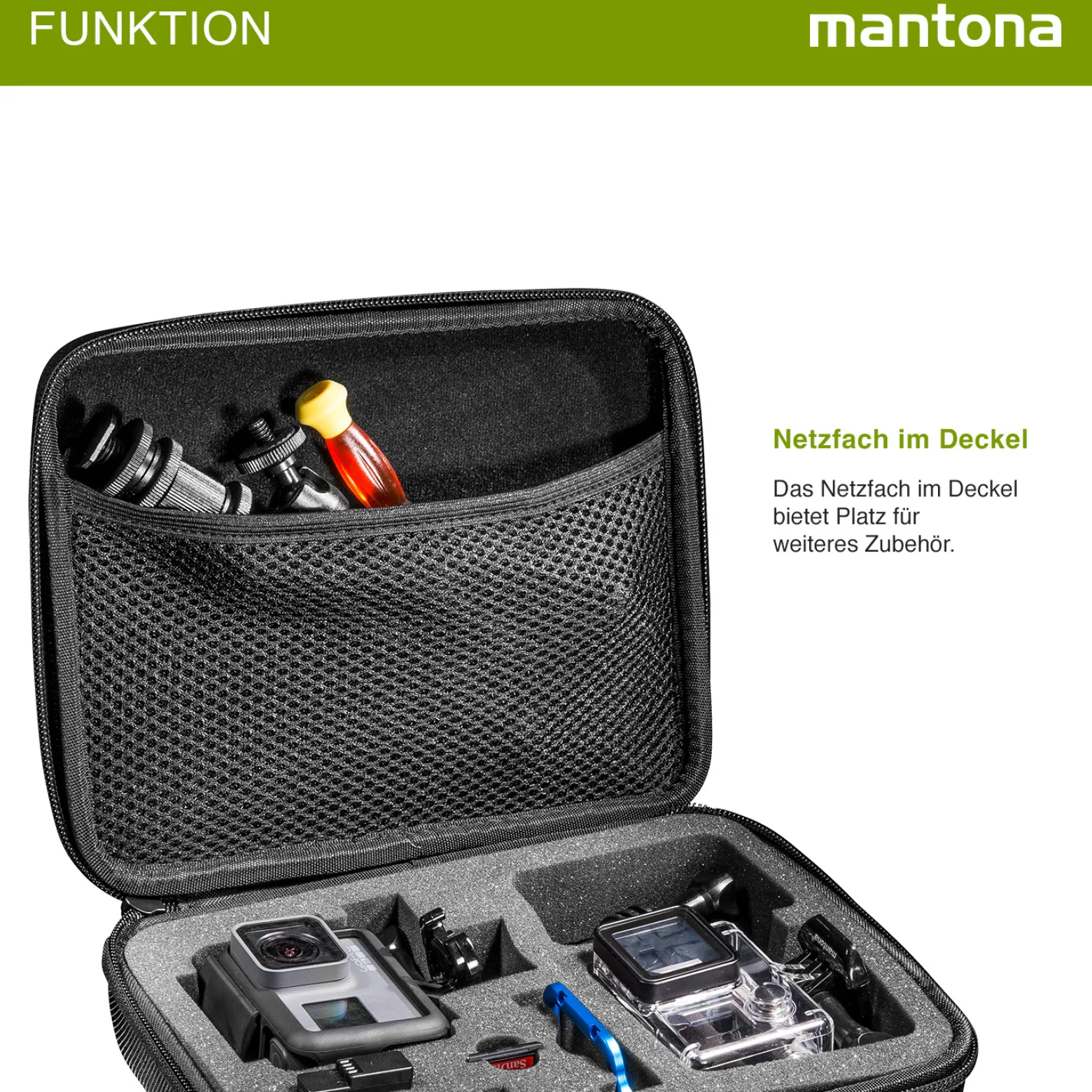 Mantona Hardcase Tasche kompatibel mit GoPro Action Cam 11 10 9 8 7 – robustes Schutzhülle mit Schaumstoff-Inlay, vorgestanzten Fächern & Deckelfach