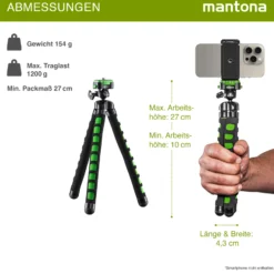 Mantona Kaleido Flex Stativ lime green - 270 x 43 x 43 mm - flexibel biegbar - mit Kugelkopf und Schnellwechselplatte - Reisestativ Travelstativ passend für Kameras, Smartphones, Action Cams
