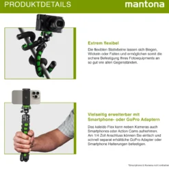 Mantona Kaleido Flex Stativ lime green - 270 x 43 x 43 mm - flexibel biegbar - mit Kugelkopf und Schnellwechselplatte - Reisestativ Travelstativ passend für Kameras, Smartphones, Action Cams