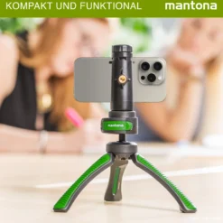 Mantona Kaleido Gaia Stativ lime green - 170 x 54 x 54 mm / Traglast max. 2,5 kg - kompaktes 3-Bein-Stativ, 360° Kugelkopf, 1/4