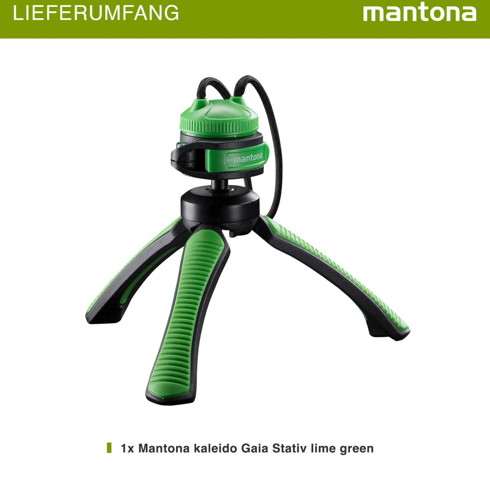 Mantona Kaleido Gaia Stativ lime green - 170 x 54 x 54 mm / Traglast max. 2,5 kg - kompaktes 3-Bein-Stativ, 360° Kugelkopf, 1/4" Anschluss, Wasserwaage, Schlaufe - Fotografie Studio