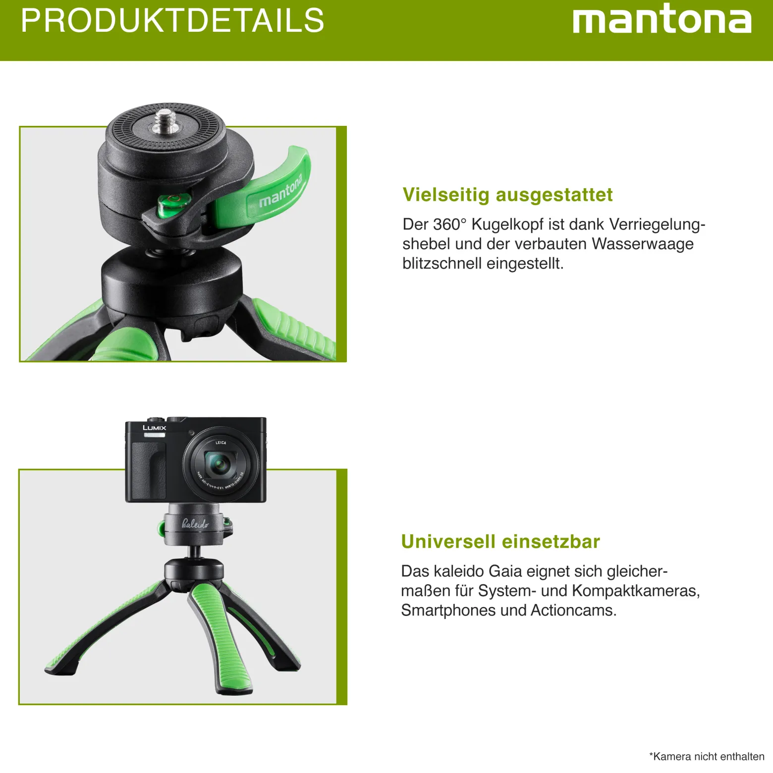 Mantona Kaleido Gaia Stativ lime green - 170 x 54 x 54 mm / Traglast max. 2,5 kg - kompaktes 3-Bein-Stativ, 360° Kugelkopf, 1/4" Anschluss, Wasserwaage, Schlaufe - Fotografie Studio