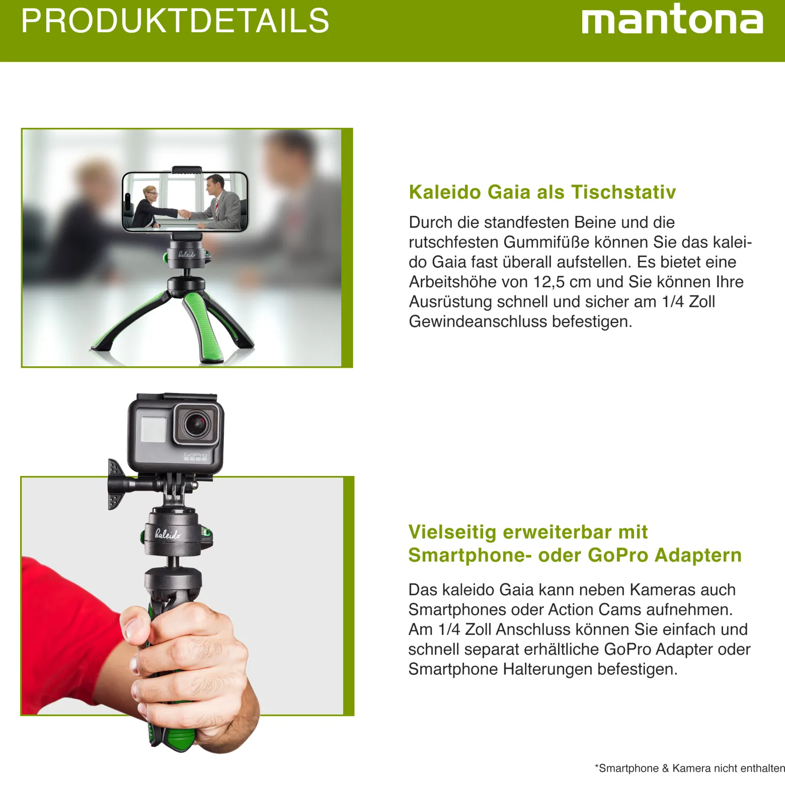 Mantona Kaleido Gaia Stativ lime green - 170 x 54 x 54 mm / Traglast max. 2,5 kg - kompaktes 3-Bein-Stativ, 360° Kugelkopf, 1/4" Anschluss, Wasserwaage, Schlaufe - Fotografie Studio
