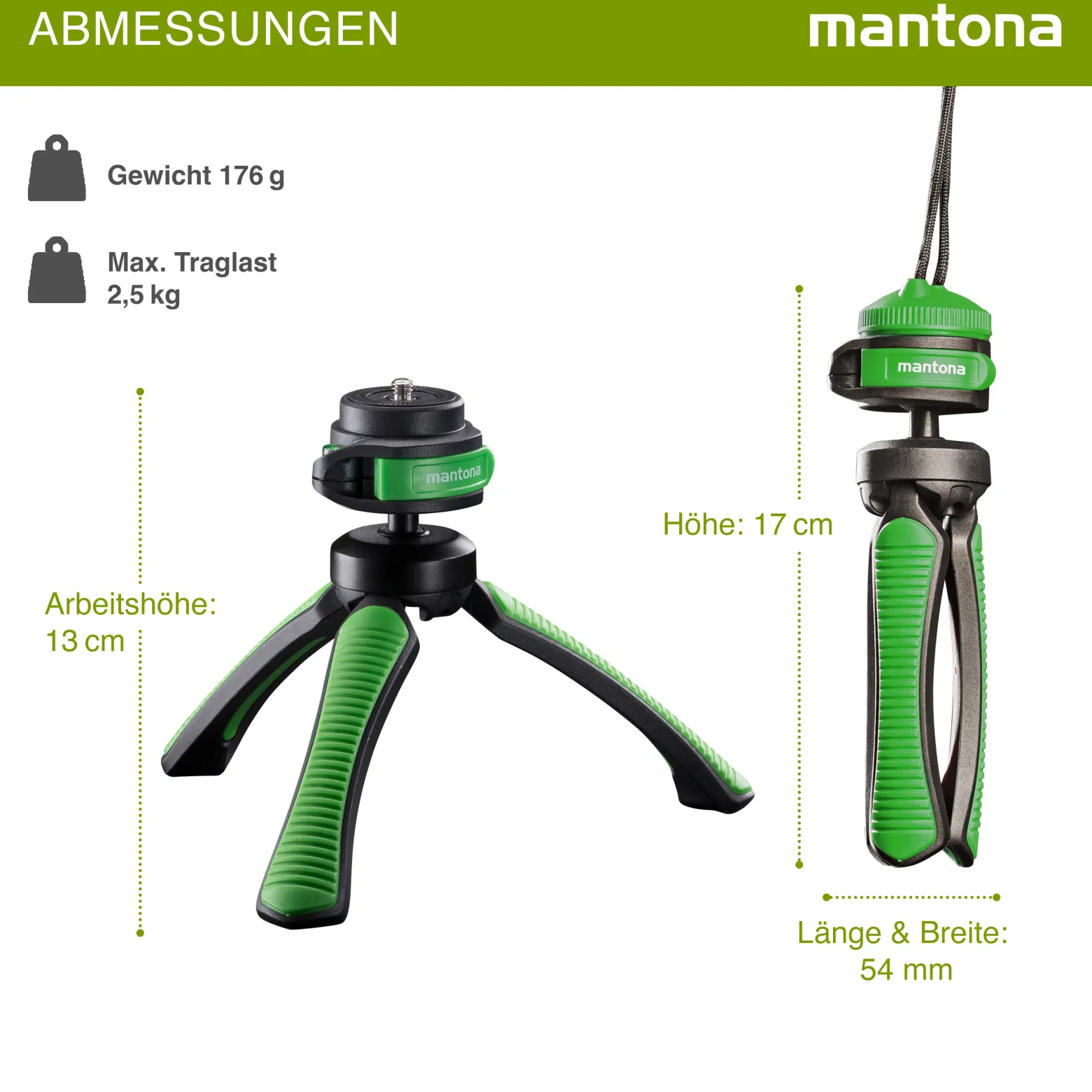 Mantona Kaleido Gaia Stativ lime green - 170 x 54 x 54 mm / Traglast max. 2,5 kg - kompaktes 3-Bein-Stativ, 360° Kugelkopf, 1/4" Anschluss, Wasserwaage, Schlaufe - Fotografie Studio