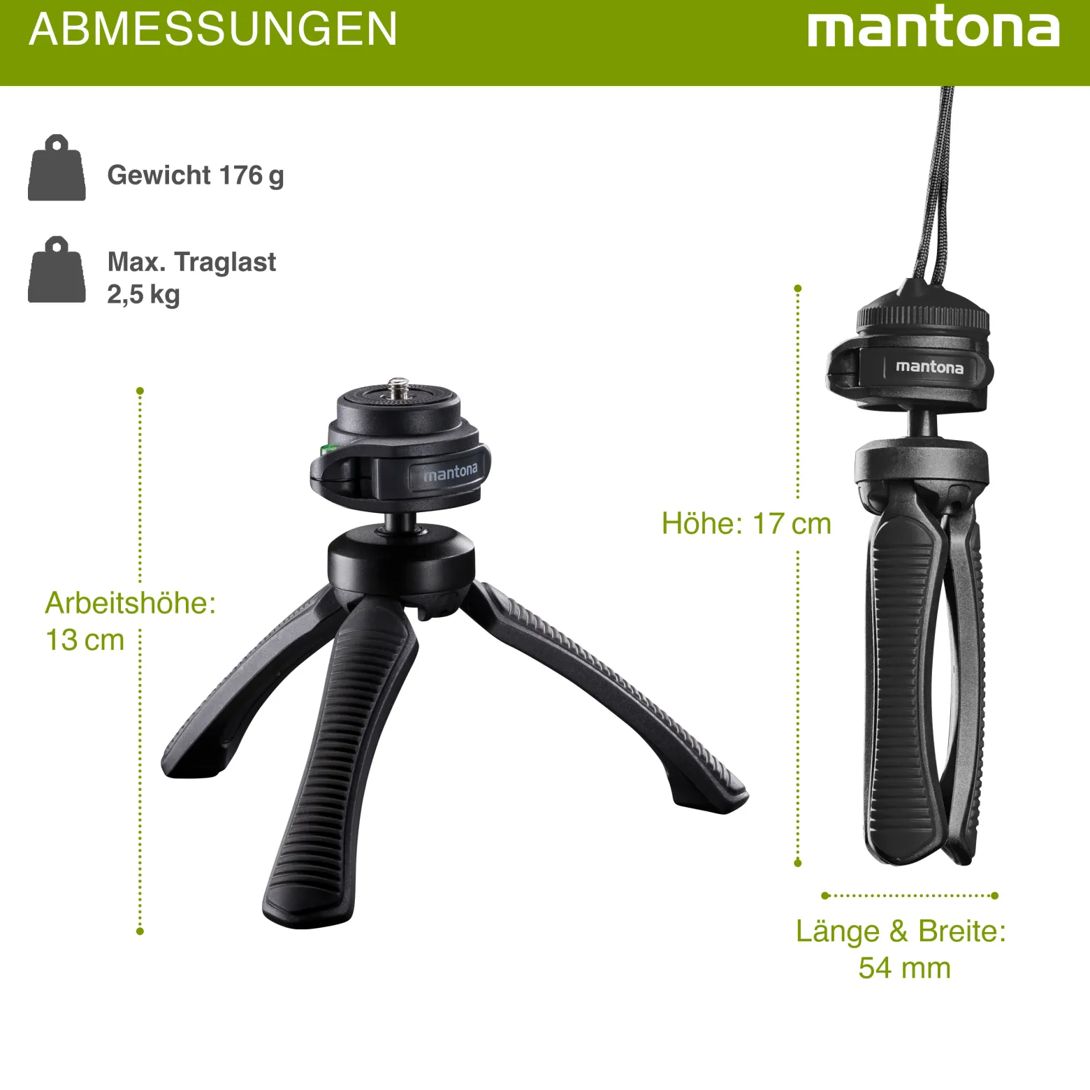Mantona Kaleido Gaia Stativ night black - 170 x 54 x 54 mm / Traglast max. 2,5 kg - kompaktes 3-Bein-Stativ, 360° Kugelkopf, 1/4" Anschluss, Wasserwaage, Schlaufe - Fotografie Studio
