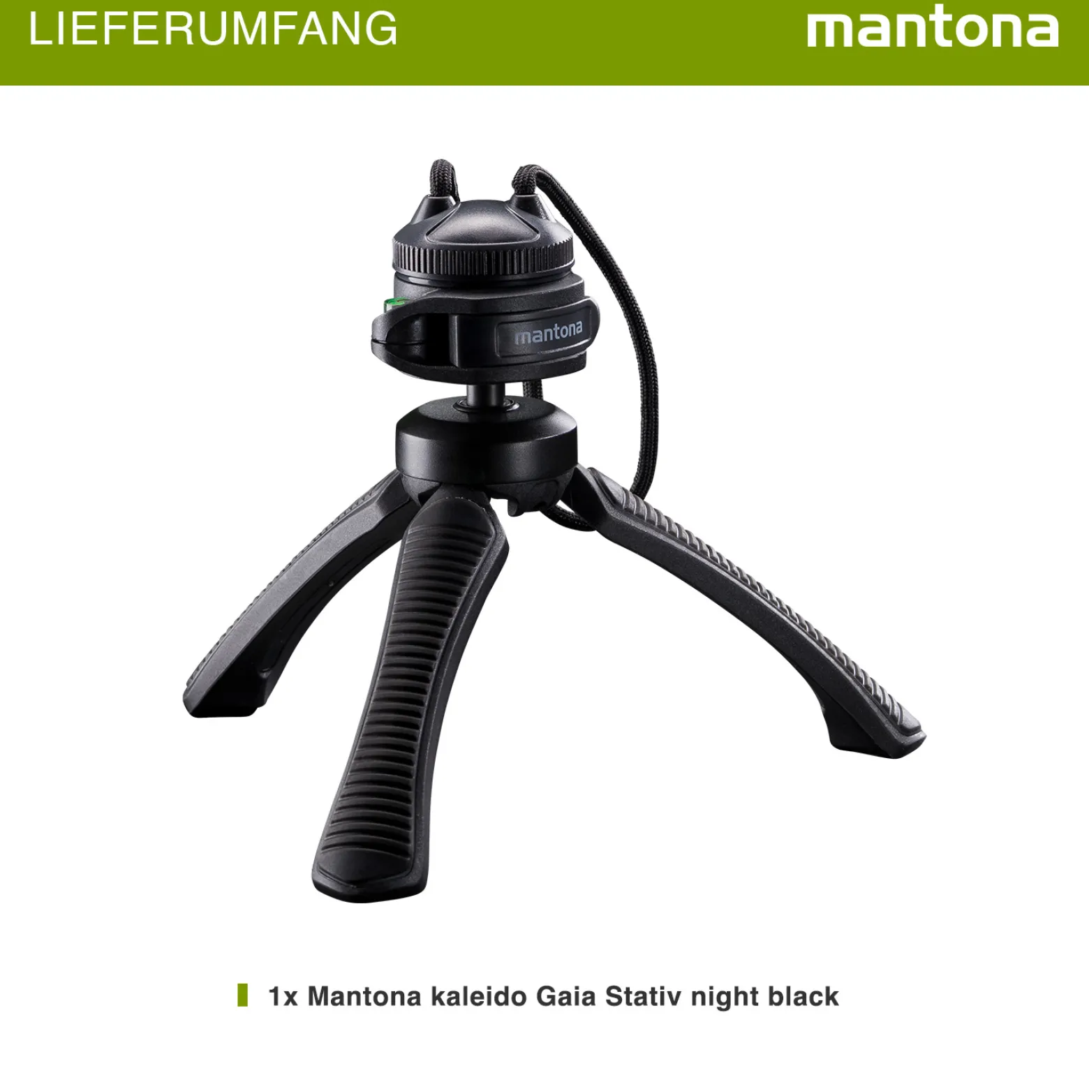Mantona Kaleido Gaia Stativ night black - 170 x 54 x 54 mm / Traglast max. 2,5 kg - kompaktes 3-Bein-Stativ, 360° Kugelkopf, 1/4" Anschluss, Wasserwaage, Schlaufe - Fotografie Studio