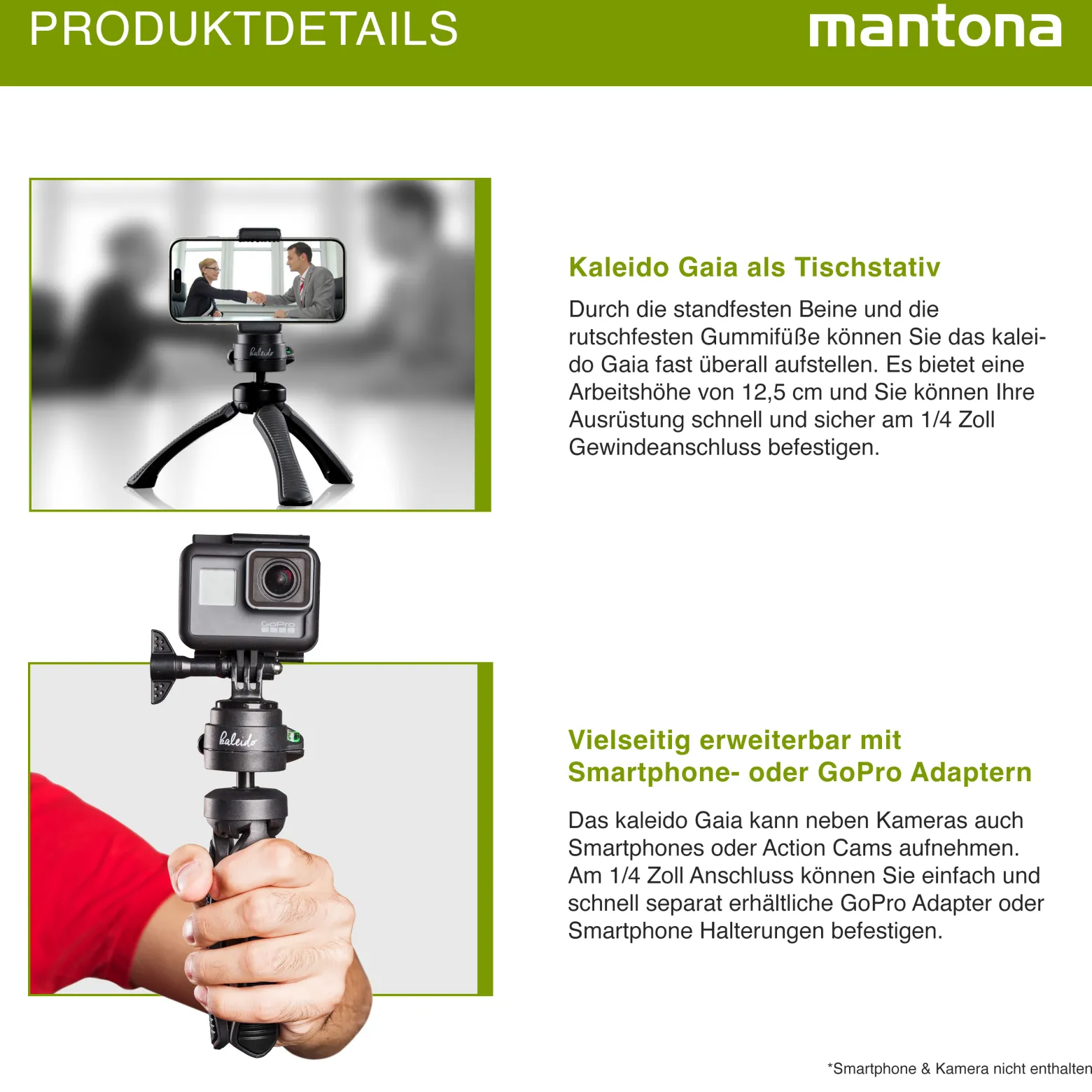 Mantona Kaleido Gaia Stativ night black - 170 x 54 x 54 mm / Traglast max. 2,5 kg - kompaktes 3-Bein-Stativ, 360° Kugelkopf, 1/4" Anschluss, Wasserwaage, Schlaufe - Fotografie Studio