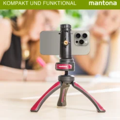 Mantona Kaleido Gaia Stativ sundown red - 170 x 54 x 54 mm / Traglast max. 2,5 kg - kompaktes 3-Bein-Stativ, 360° Kugelkopf, 1/4