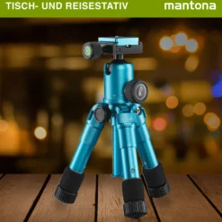 Mantona Kaleido Mini Tischstativ in ocean blue metallic Reisestativ inkl. Kugelkopf mit Schnellwechselplatte und Transporttasche