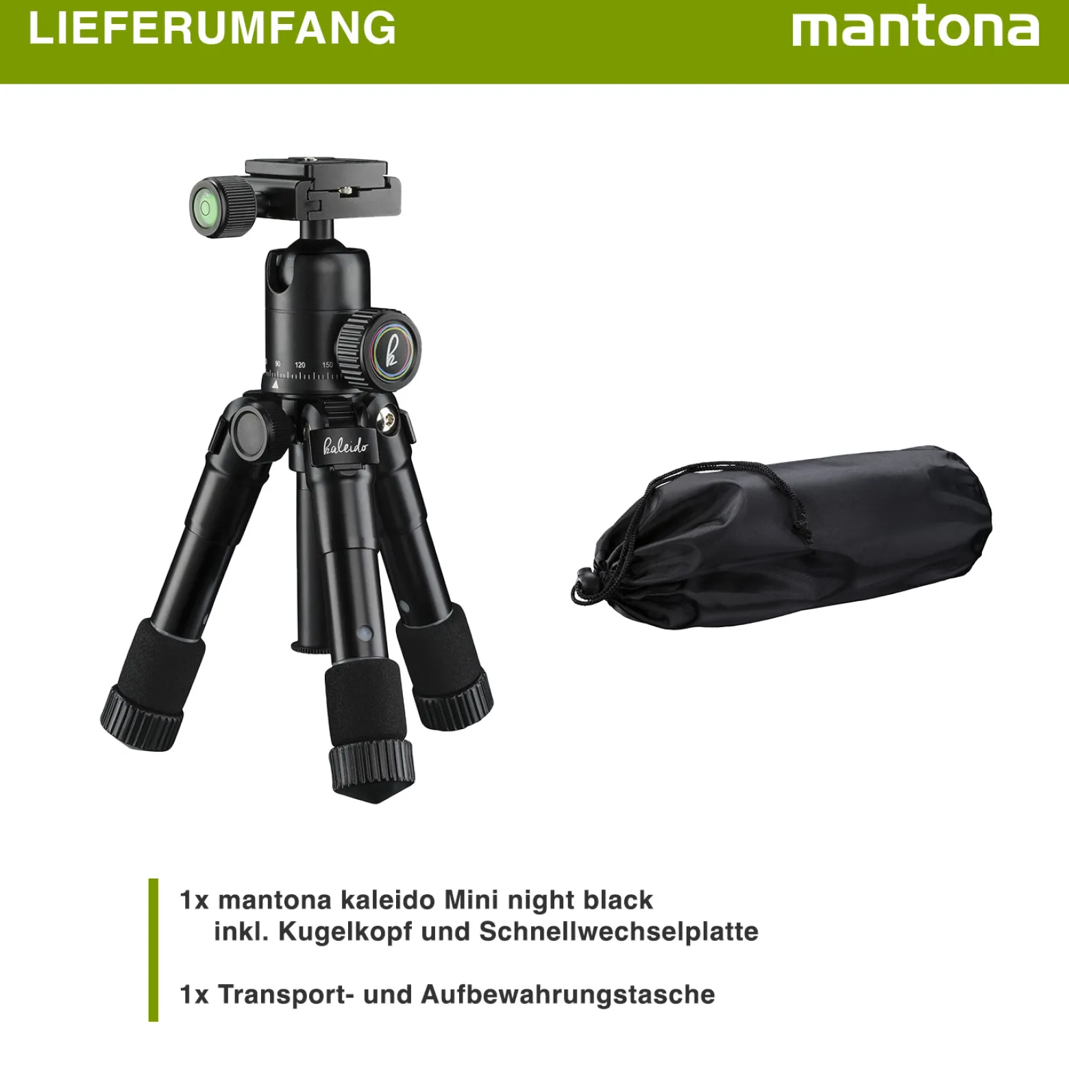 Mantona Kaleido Mini Tischstativ in night black Reisestativ inkl. Kugelkopf mit Schnellwechselplatte und Transporttasche
