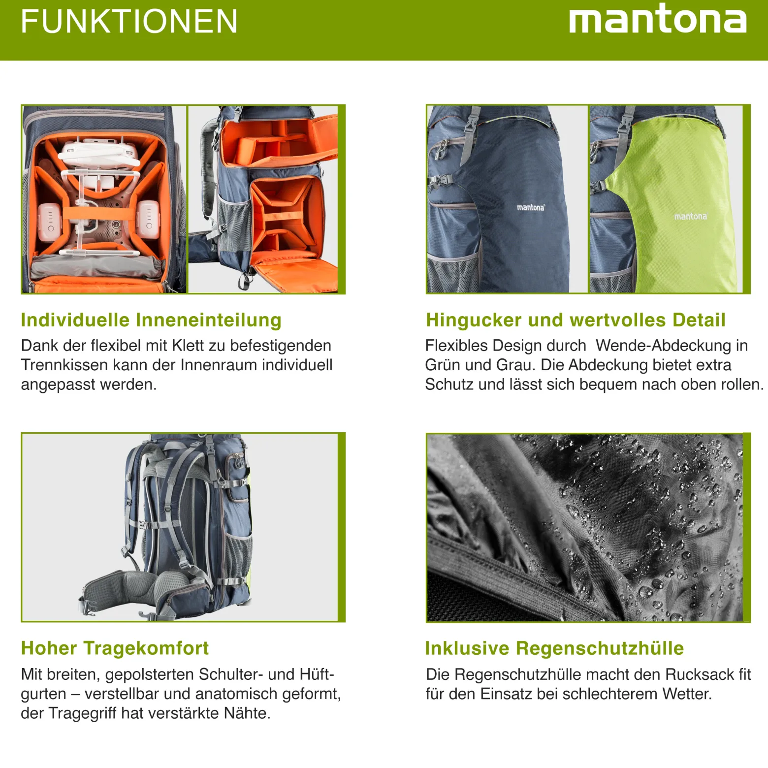 Mantona Kamera- & Drohnenrucksack elementsPro – universeller Outdoor-Rucksack für DSLR, Drohnen & Zubehör, flexibler Innenraum, mit 15,6 Zoll-Laptopfach, Stativhalterung, inkl. Regenschutz