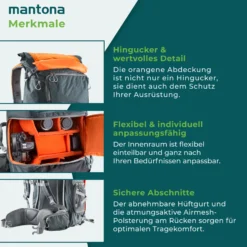 Mantona Kamerarucksack elementsPro 50 - Orange - 260 x 350 x 600 mm - professioneller Outdoor Fotorucksack - anpassbare Innenfächer, Regenhülle, viel Stauraum für 2 Kameras & Zubehör, bis 15 Zoll