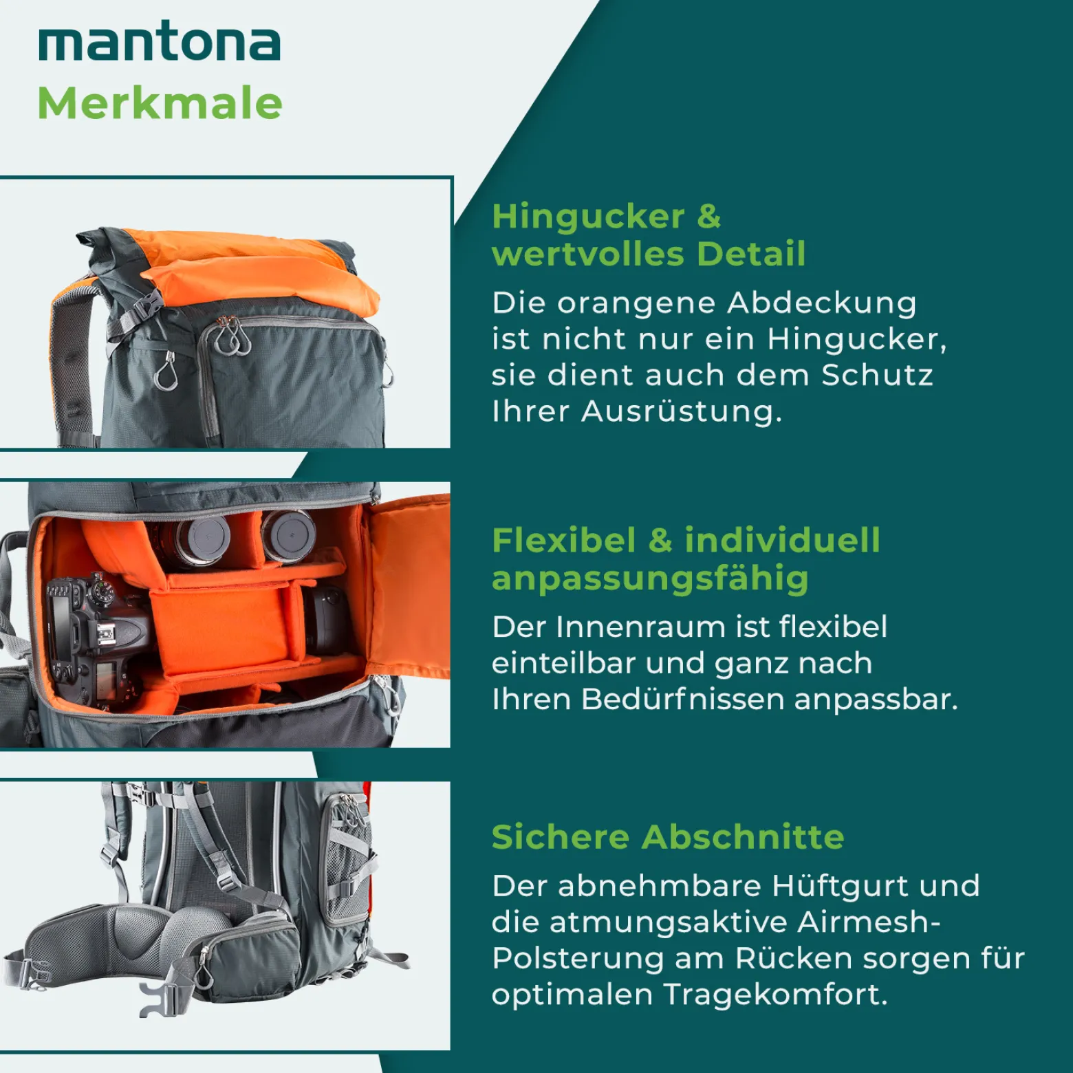 Mantona Kamerarucksack elementsPro 50 - Orange - 260 x 350 x 600 mm - professioneller Outdoor Fotorucksack - anpassbare Innenfächer, Regenhülle, viel Stauraum für 2 Kameras & Zubehör, bis 15 Zoll