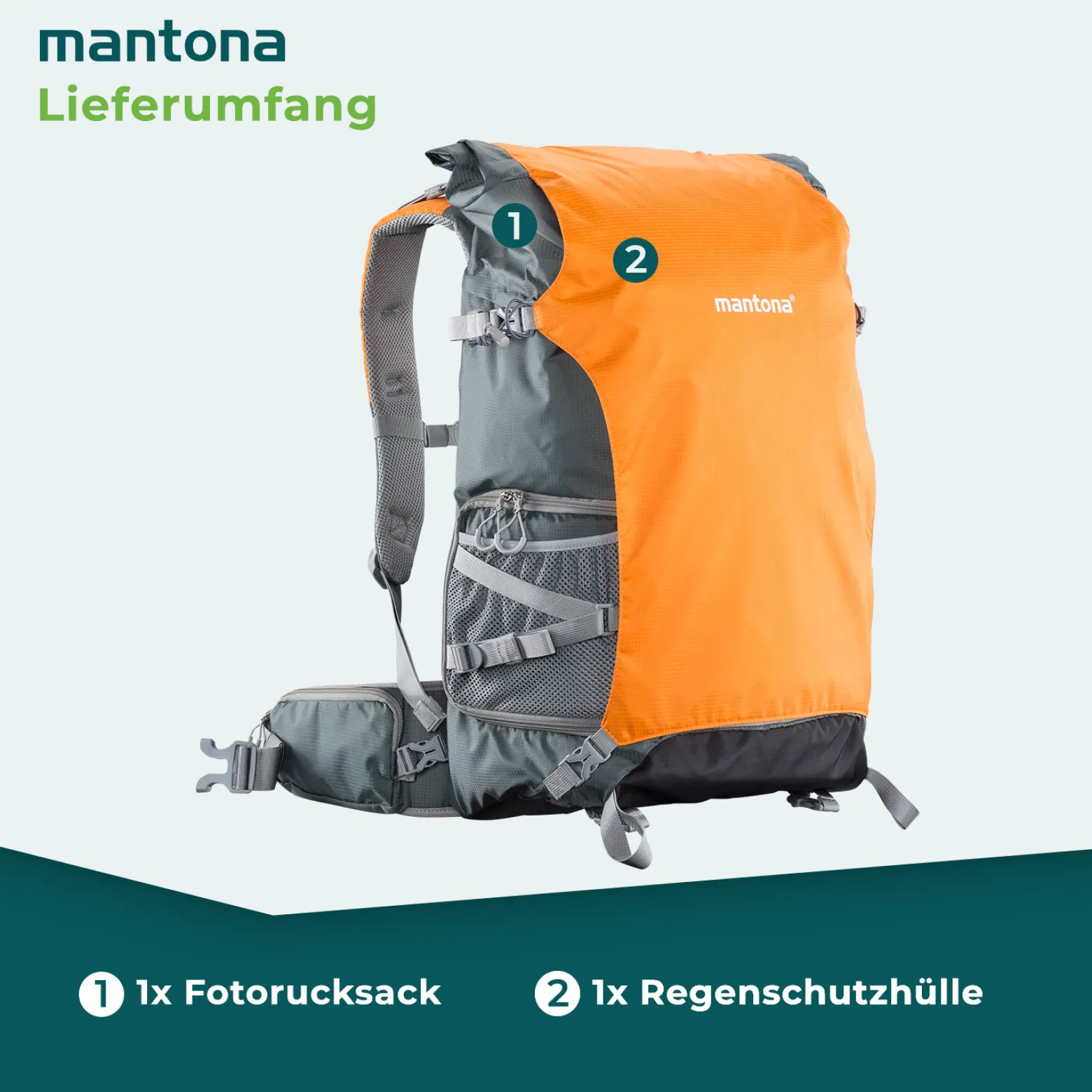 Mantona Kamerarucksack elementsPro 50 - Orange - 260 x 350 x 600 mm - professioneller Outdoor Fotorucksack - anpassbare Innenfächer, Regenhülle, viel Stauraum für 2 Kameras & Zubehör, bis 15 Zoll