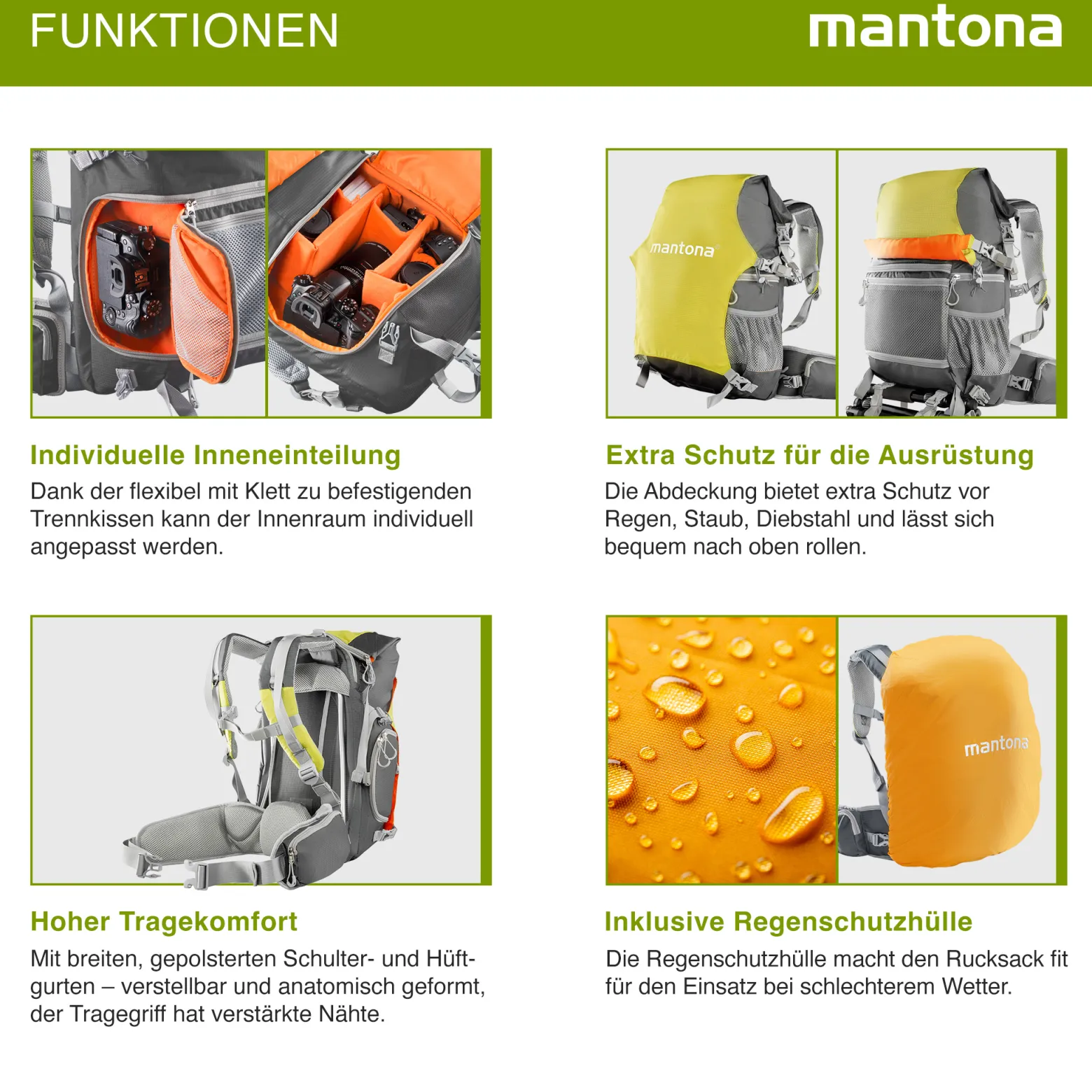 Mantona Kamerarucksack elementsPro 30 V2 – Grün – 300 x 180 x 480 mm – Outdoor – mit ergonomischem Tragesystem, atmungsaktiver Polsterung, Stativhalterung & Regenschutz, ideal für DSLR & Systemkameras