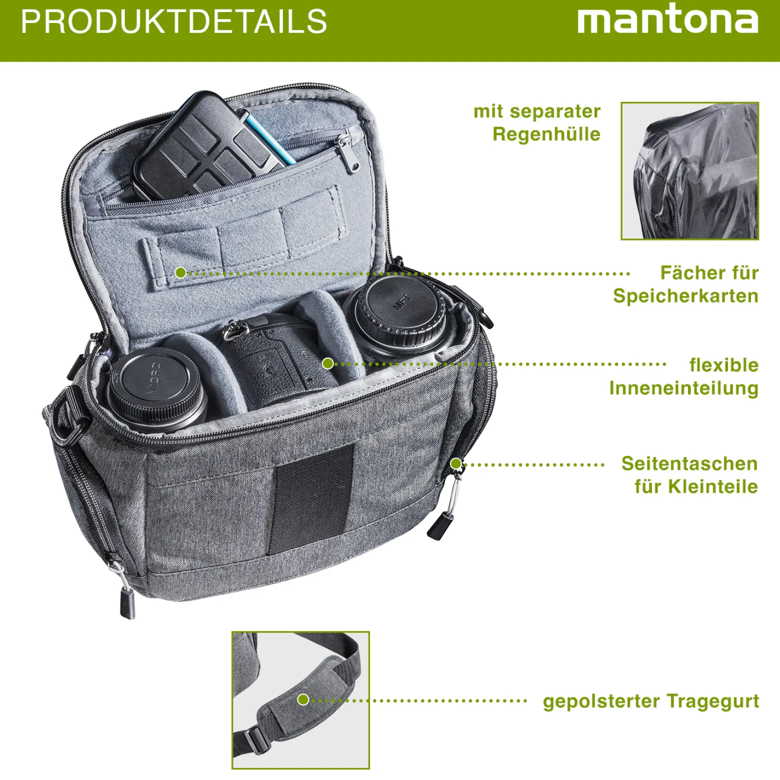 Mantona Kameratasche Tallinn Gr. L anthrazit, Fototasche inkl. gepolstertem Schultergurt, Camera Bag mit Trennstegen und Regenschutzhülle, tragbar als Schultertasche, Handtasche und Gürteltasche