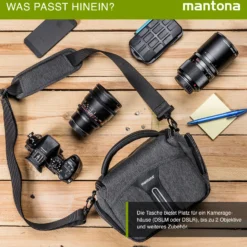 Mantona Kameratasche Tallinn Gr. L anthrazit, Fototasche inkl. gepolstertem Schultergurt, Camera Bag mit Trennstegen und Regenschutzhülle, tragbar als Schultertasche, Handtasche und Gürteltasche