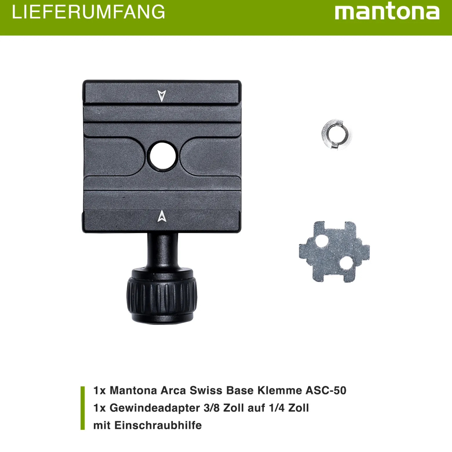 Mantona Klemme für Schnellwechselplatte 78 x 50 x 16 mm, Schnellwechselplattenklemme schwarz, Kamera Zubehör 3/8'' und 1/4'' inkl. Gewindeadapter