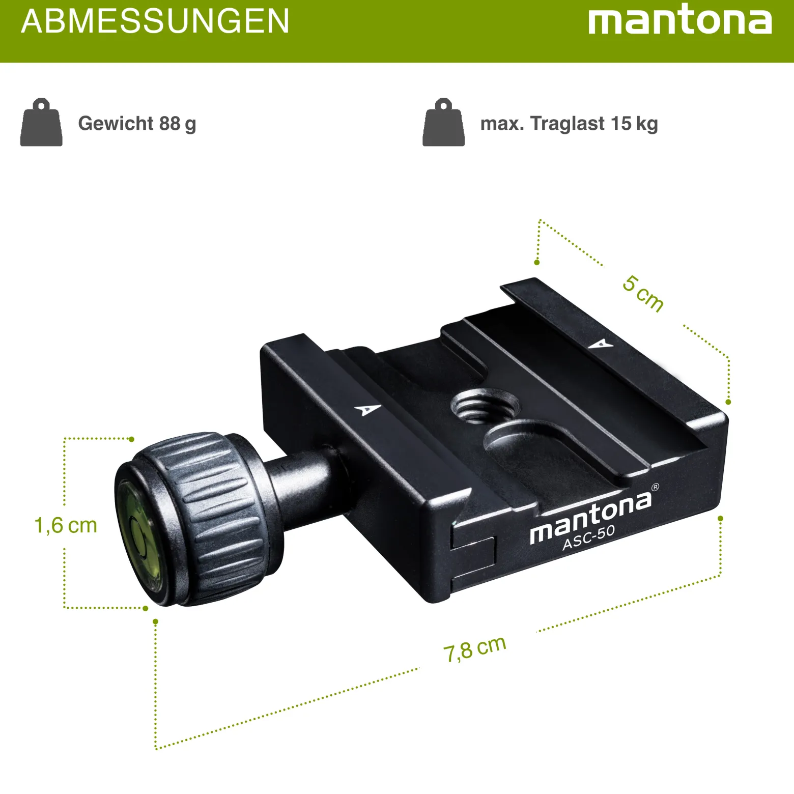 Mantona Klemme für Schnellwechselplatte 78 x 50 x 16 mm, Schnellwechselplattenklemme schwarz, Kamera Zubehör 3/8'' und 1/4'' inkl. Gewindeadapter