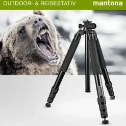 Mantona Kodiak XL Aluminium Fotostativ, Dreibeinstativ belastbar bis 18 kg, höhenverstellbares Kamerastativ bis 180 cm, Tripod mit 180° Mittelsäule, stabiles Stativ mit vielseitigem Zubehör