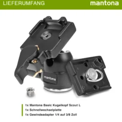Mantona Kugelkopf für Stativ Basic Scout L - 80 x 65 x 90 mm - mit Schnellwechselplatte - Anschluss 3/8" / 1/4" - für Fotostativ Reisestativ Travelstativ passend für Kameras