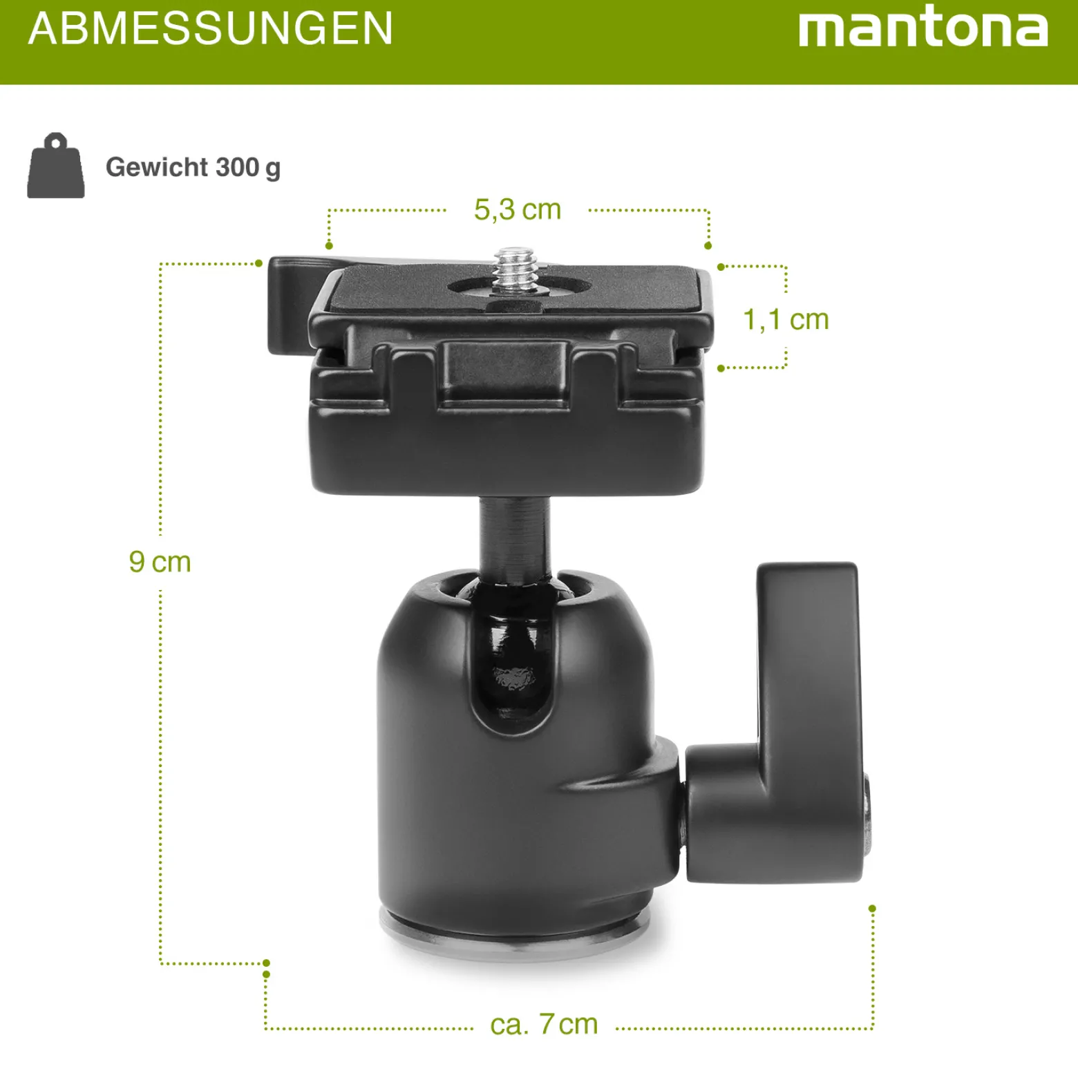 Mantona Kugelkopf für Stativ Basic Scout L - 80 x 65 x 90 mm - mit Schnellwechselplatte - Anschluss 3/8" / 1/4" - für Fotostativ Reisestativ Travelstativ passend für Kameras