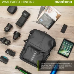 Mantona Kurier Fotorucksack schwarz 210 x 340 x 450 mm professioneller Outdoor Rucksack mit Schnellzugriff und Einrollverschluss für SLR DSLR Kameras & Zubehör bis 15 Zoll