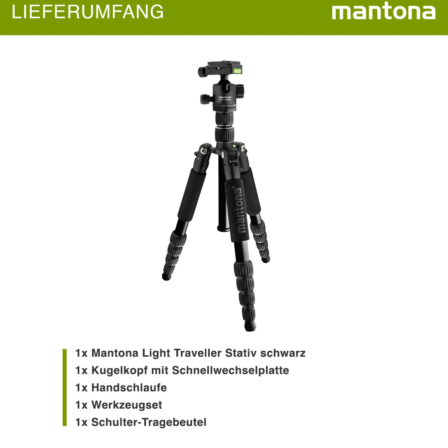 Mantona Light Traveller Reisestativ 131,5 cm schwarz, Kamerastativ aus Aluminium bis 5 kg Traglast, leichtes Fotostativ mit Kugelkopf und Arca-Swiss-Schnellwechselplatte, Tripod und Monopod