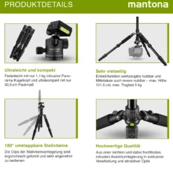 Mantona Light Traveller Reisestativ 131,5 cm schwarz, Kamerastativ aus Aluminium bis 5 kg Traglast, leichtes Fotostativ mit Kugelkopf und Arca-Swiss-Schnellwechselplatte, Tripod und Monopod