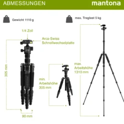 Mantona Light Traveller Reisestativ 131,5 cm schwarz, Kamerastativ aus Aluminium bis 5 kg Traglast, leichtes Fotostativ mit Kugelkopf und Arca-Swiss-Schnellwechselplatte, Tripod und Monopod