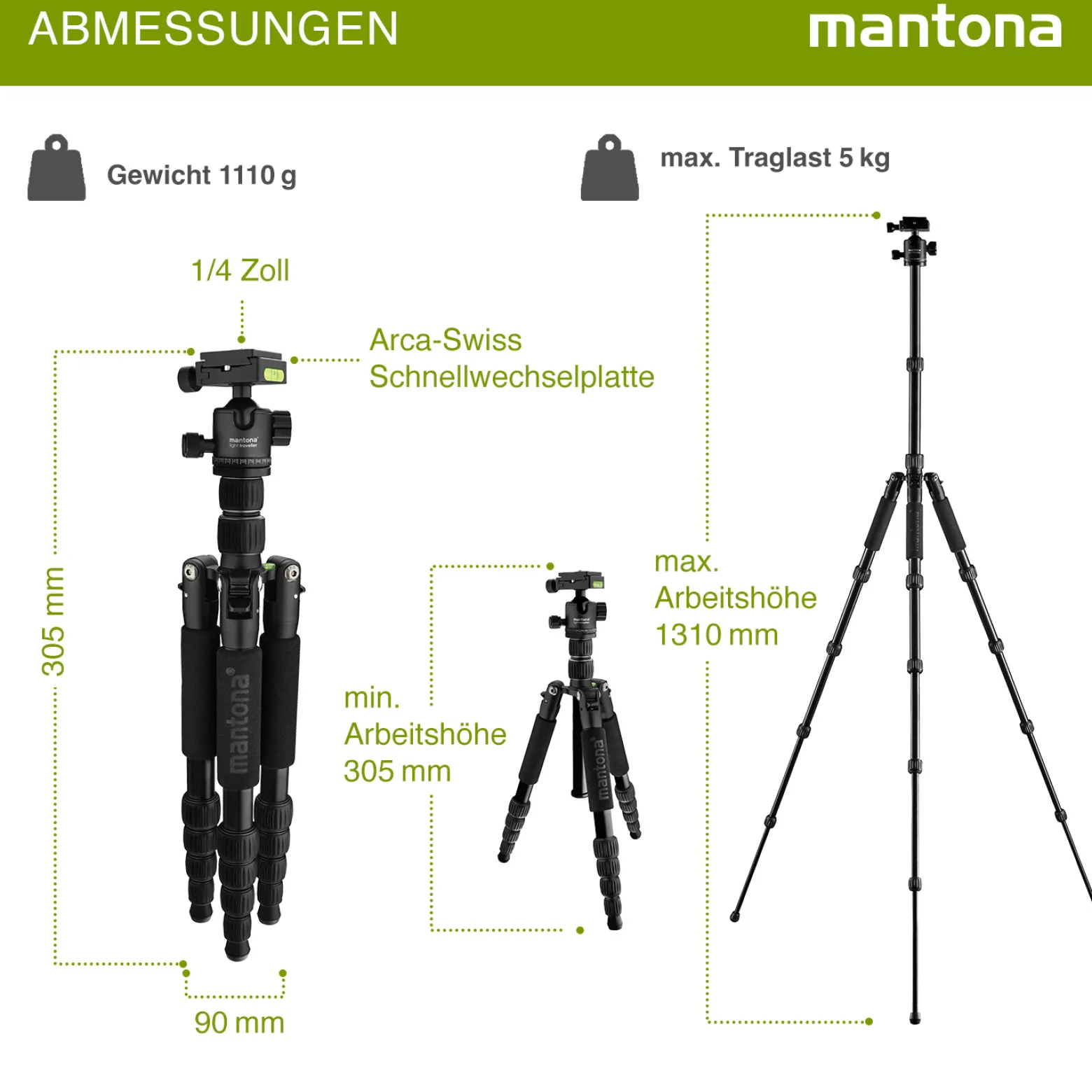 Mantona Light Traveller Reisestativ 131,5 cm schwarz, Kamerastativ aus Aluminium bis 5 kg Traglast, leichtes Fotostativ mit Kugelkopf und Arca-Swiss-Schnellwechselplatte, Tripod und Monopod