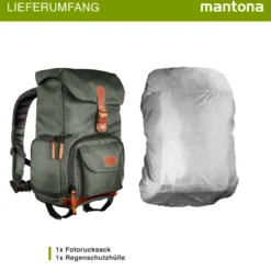 Mantona Luis junior Retro Fotorucksack grün mit Leder, Kamerarucksack inkl. Regenschutzhülle, Fototasche mit Laptopfach, Backpack geeignet für 1 x DSLR-Kamera, 1-Objektive und diverses Fotozubehör
