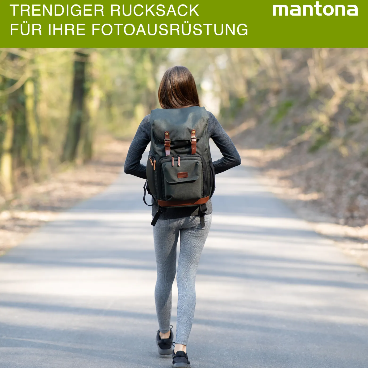 Mantona Luis junior Retro Fotorucksack grün mit Leder, Kamerarucksack inkl. Regenschutzhülle, Fototasche mit Laptopfach, Backpack geeignet für 1 x DSLR-Kamera, 1-Objektive und diverses Fotozubehör