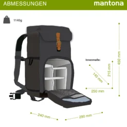 Mantona Luis junior Retro Fotorucksack schwarz mit Leder, Kamerarucksack inkl. Regenschutzhülle, Fototasche mit Laptopfach, Backpack geeignet für 1x DSLR-Kamera, 1-2 Objektive, diverses Fotozubehör
