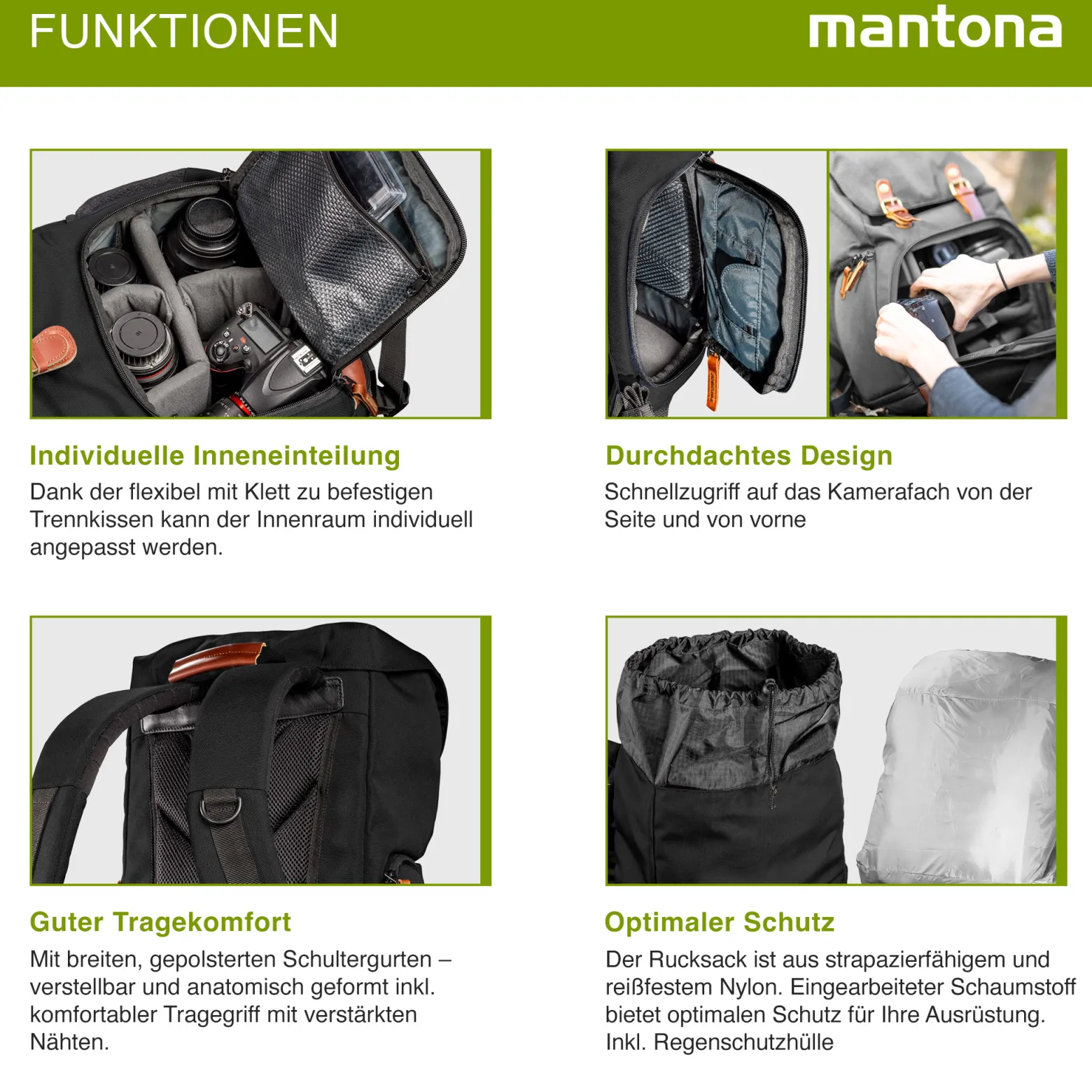 Mantona Luis junior Retro Fotorucksack schwarz mit Leder, Kamerarucksack inkl. Regenschutzhülle, Fototasche mit Laptopfach, Backpack geeignet für 1x DSLR-Kamera, 1-2 Objektive, diverses Fotozubehör