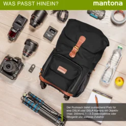 Mantona Luis junior Retro Fotorucksack schwarz mit Leder, Kamerarucksack inkl. Regenschutzhülle, Fototasche mit Laptopfach, Backpack geeignet für 1x DSLR-Kamera, 1-2 Objektive, diverses Fotozubehör