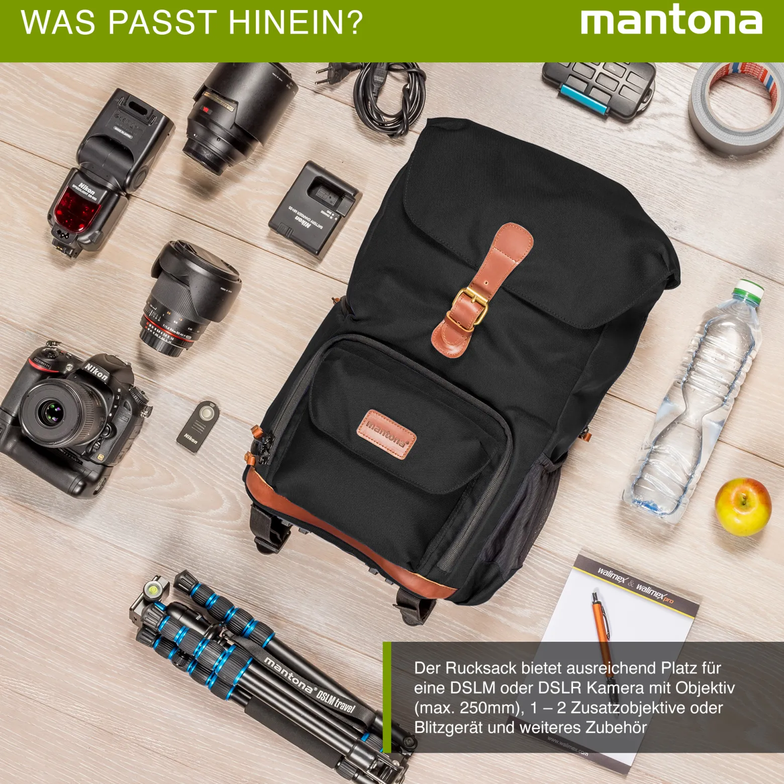 Mantona Luis junior Retro Fotorucksack schwarz mit Leder, Kamerarucksack inkl. Regenschutzhülle, Fototasche mit Laptopfach, Backpack geeignet für 1x DSLR-Kamera, 1-2 Objektive, diverses Fotozubehör