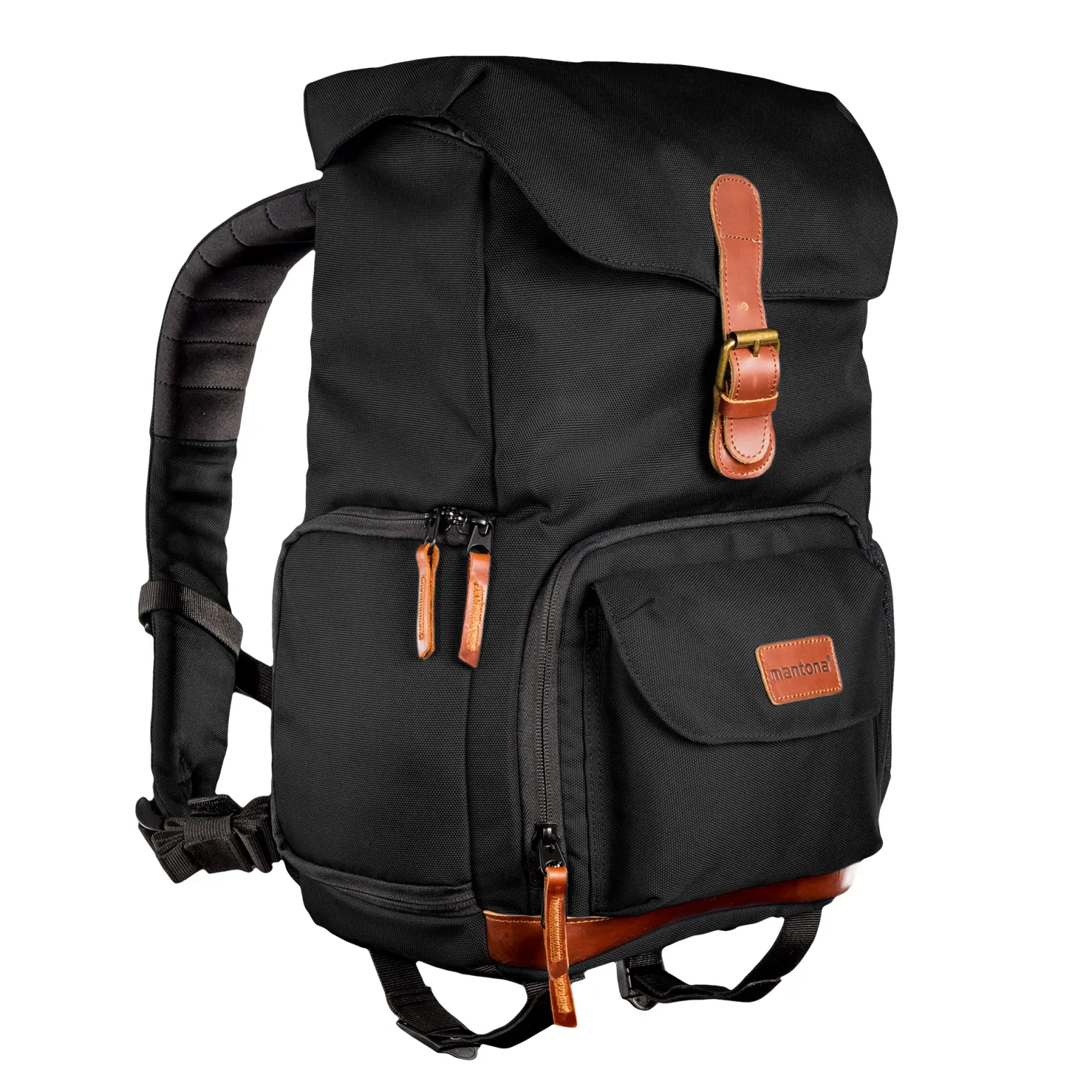 Mantona Luis junior Retro Fotorucksack schwarz mit Leder, Kamerarucksack inkl. Regenschutzhülle, Fototasche mit Laptopfach, Backpack geeignet für 1x DSLR-Kamera, 1-2 Objektive, diverses Fotozubehör