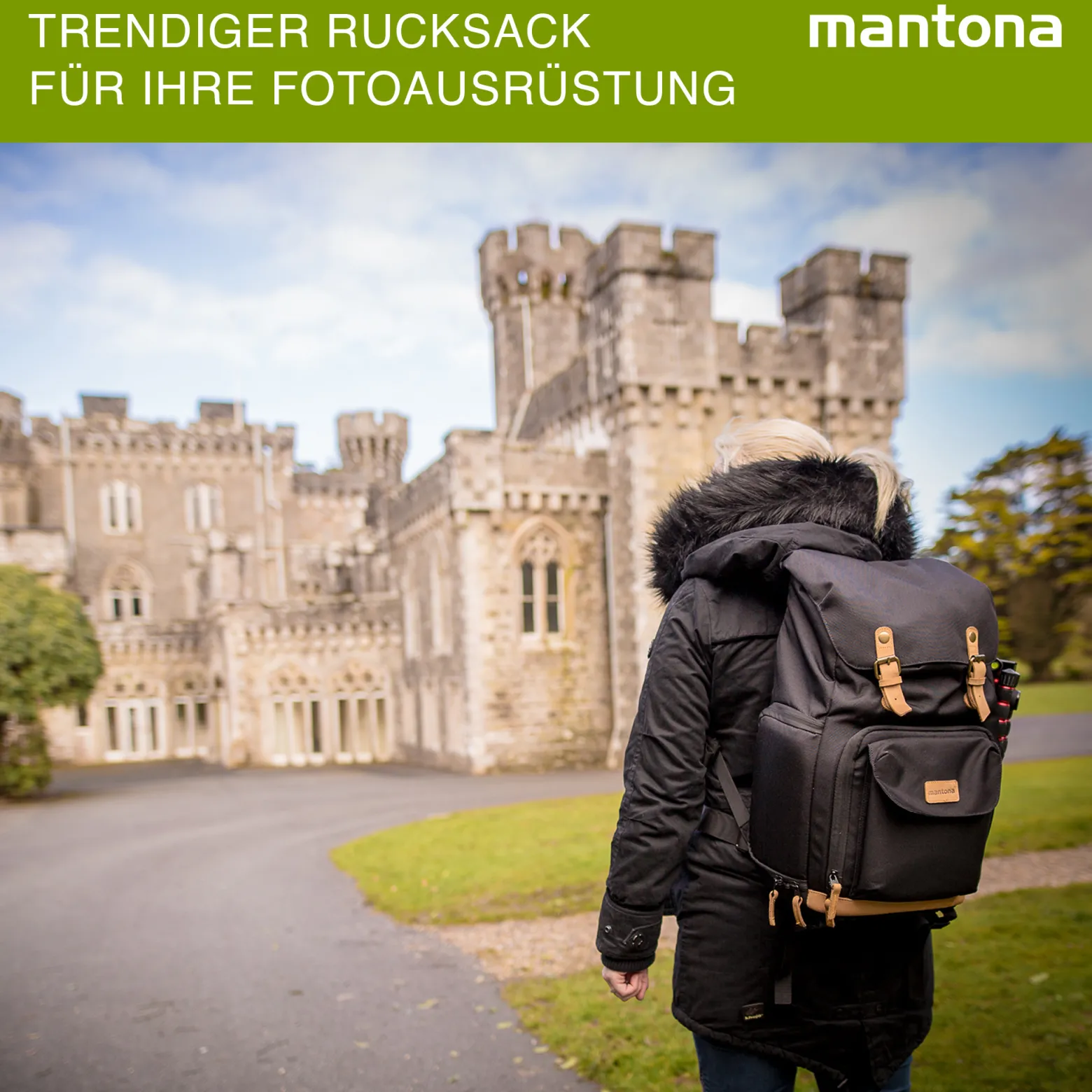 Mantona Luis junior Retro Fotorucksack schwarz mit Leder, Kamerarucksack inkl. Regenschutzhülle, Fototasche mit Laptopfach, Backpack geeignet für 1x DSLR-Kamera, 1-2 Objektive, diverses Fotozubehör